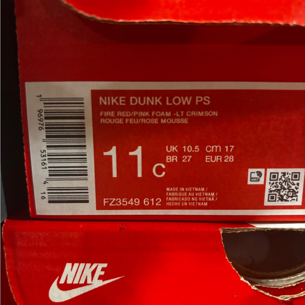 Nike Dunk Low Valentine's Day Red Pink FZ3549-612 PS Size/ FZ3551-612 TD Size - Picture 9 of 16